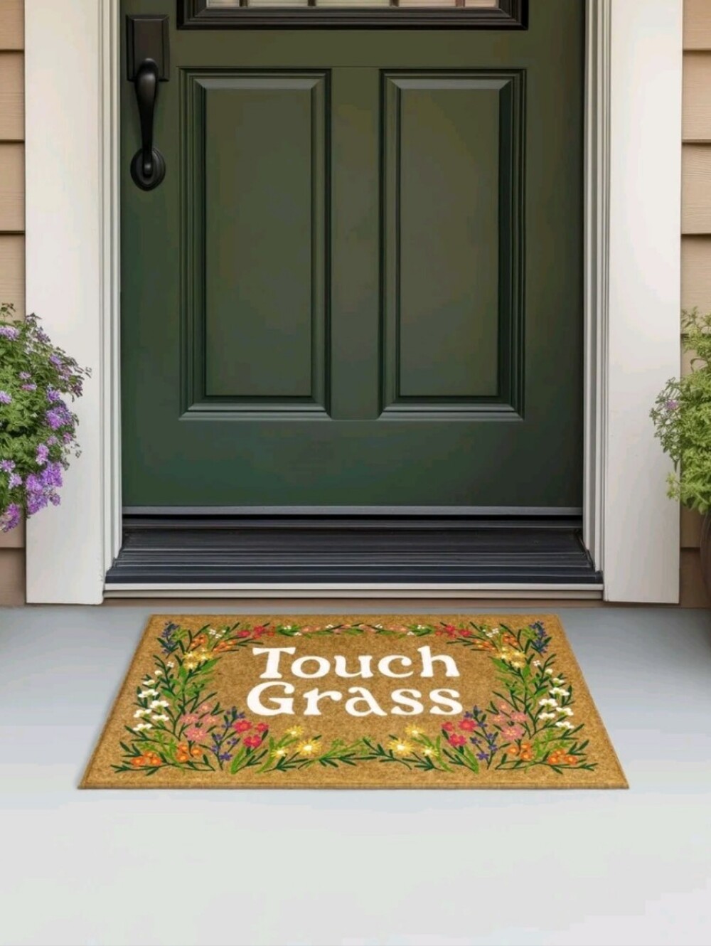 🆕Floral"Touch Grass" All Weather Moisture Absorbent Low Pile Doormat, Tan